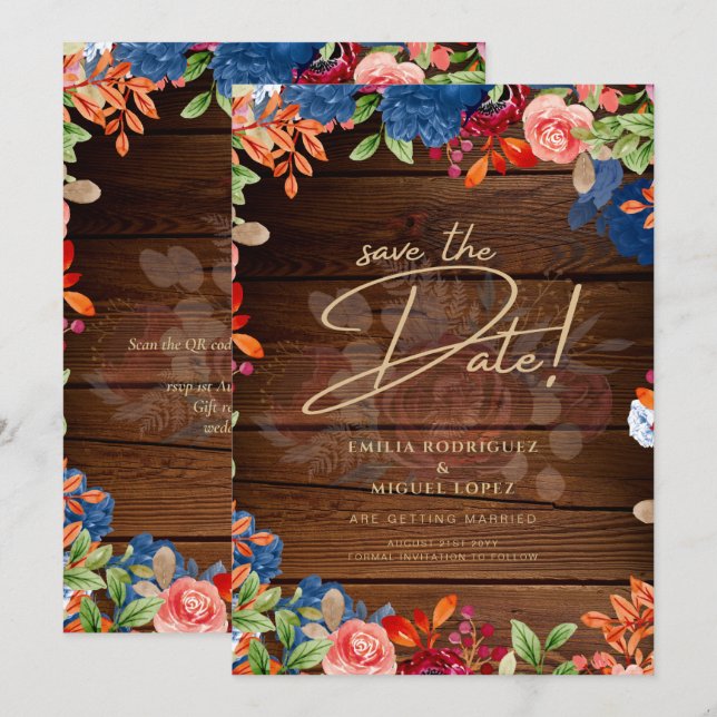 Invitation Rustique Bourgogne Bleu Floral Mariage ENREGISTRER (Devant / Derrière)