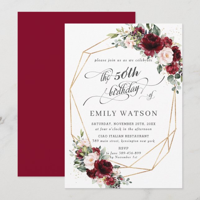Invitation Rustique Bourgogne Blush Floral Anniversaire géomé (Devant / Derrière)