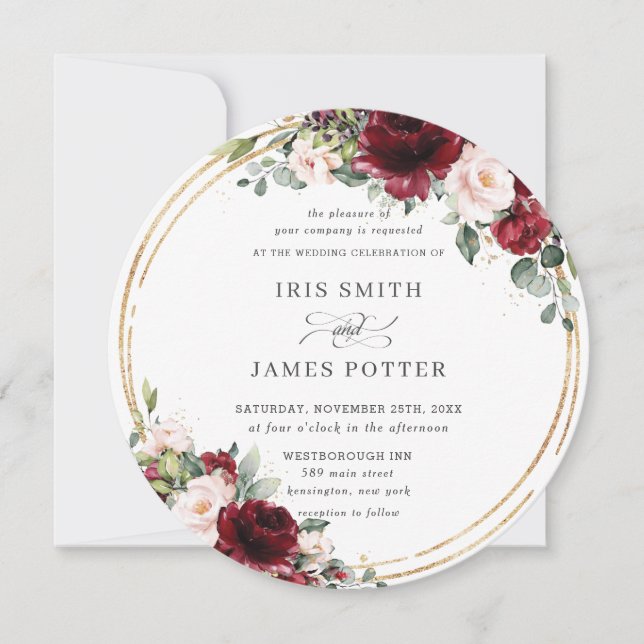 Invitation Rustique Bourgogne Blush Floral Gold Mariage (Devant)