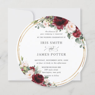 Invitation Rustique Bourgogne Blush Floral Gold Mariage