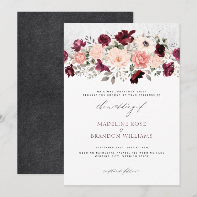 Invitation Rustique Bourgogne Blush Floral Mariage (Devant / Derrière)