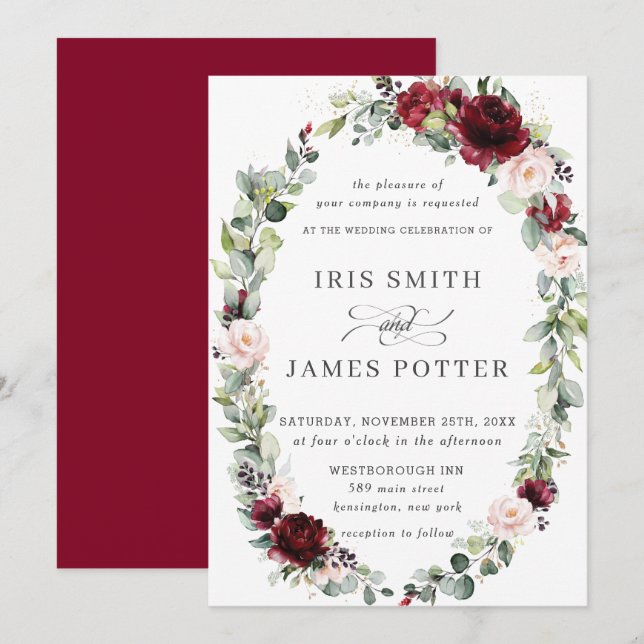 Invitation Rustique Bourgogne Blush Floral Wreath Mariage (Devant / Derrière)