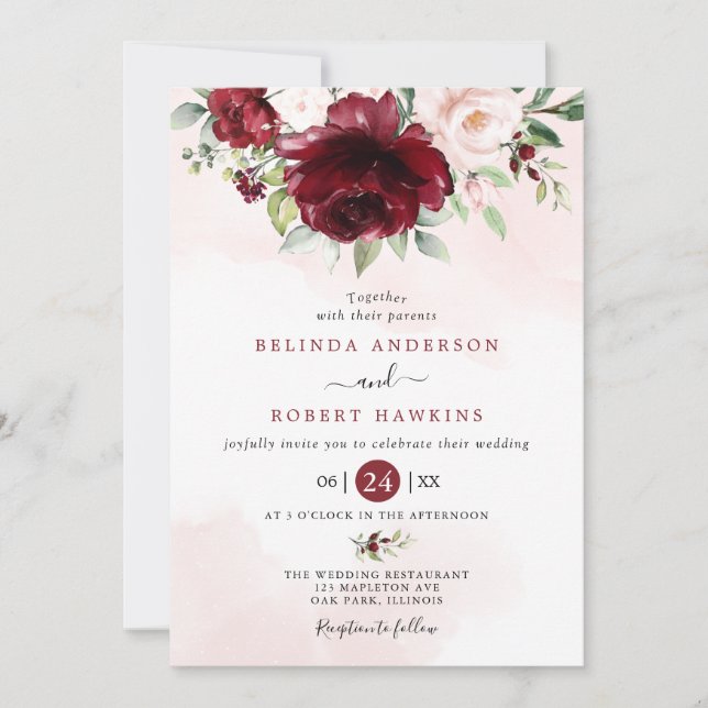 Invitation Rustique Bourgogne Blush rose Floral Mariage (Devant)
