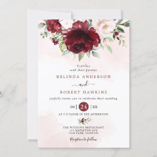 Invitation Rustique Bourgogne Blush rose Floral Mariage