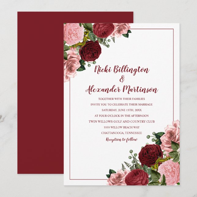 Invitation Rustique Bourgogne Blush rose Mariage Floral Blanc (Devant / Derrière)
