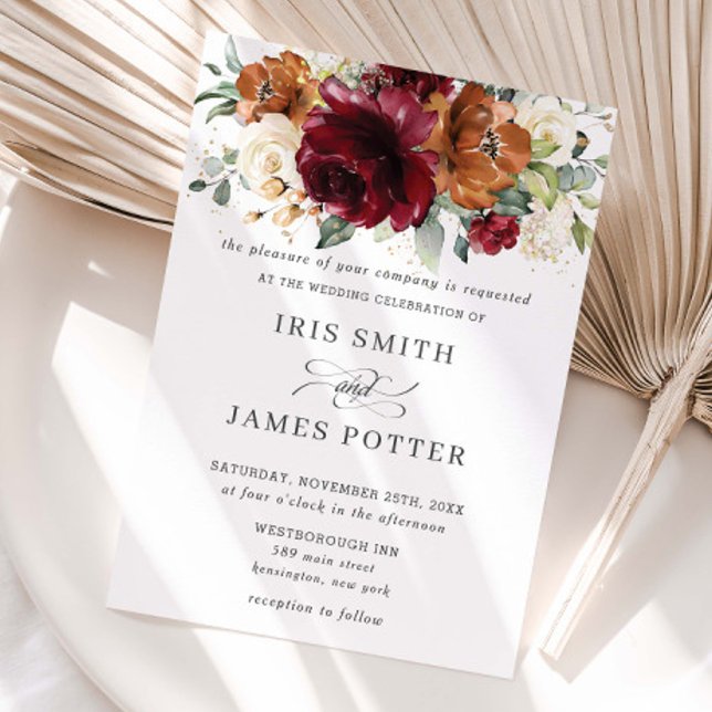 Invitation Rustique Bourgogne brûlé Orange Mariage floral ivo (Créateur téléchargé)