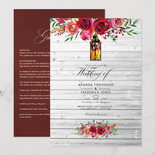 Invitation Rustique Bourgogne et rose Mariage floral (Devant / Derrière)