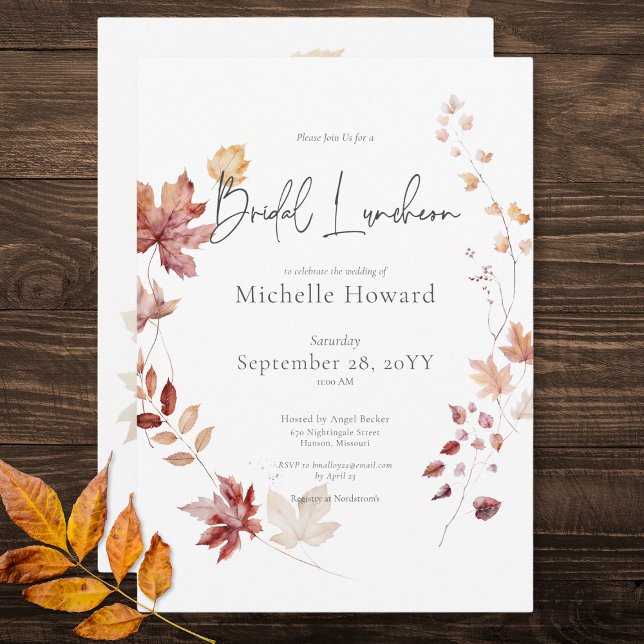 Invitation Rustique Bourgogne et rouille Feuilles d'automne D (Rustic Burgundy & Rust Fall Leaves Bridal Luncheon Invitation)