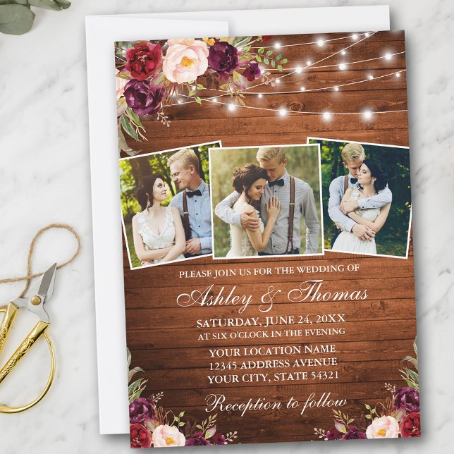 Invitation Rustique Bourgogne Floral 3 Photo Lumières en bois (Customize to add more text or more photos to back of card.)