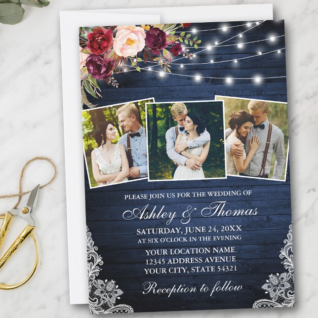 Invitation Rustique Bourgogne Floral Lights 3 Mariage photo (Customize to add more text or more photos to back of card.)
