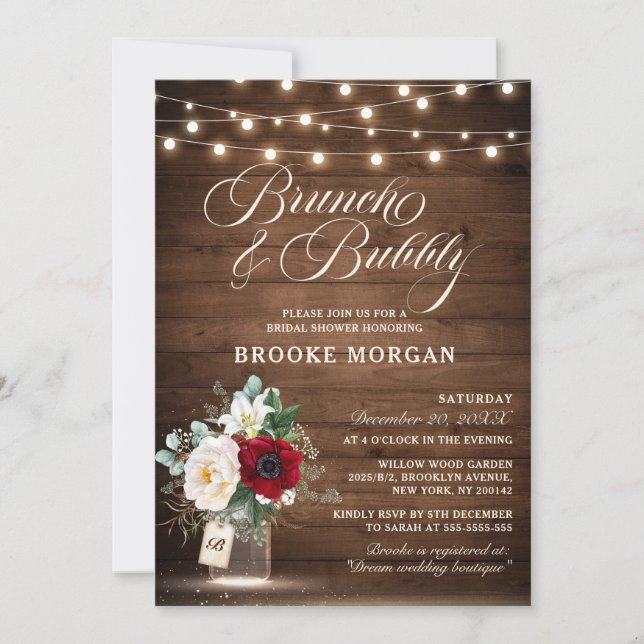 Invitation Rustique Bourgogne Floral Mason Jar Brunch et Bubb (Devant)