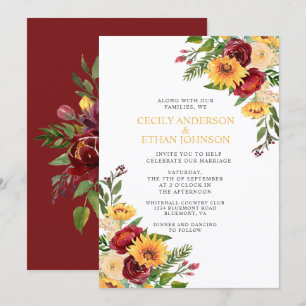 Invitation Rustique Bourgogne Floral Yellow Sunflowers Mariag