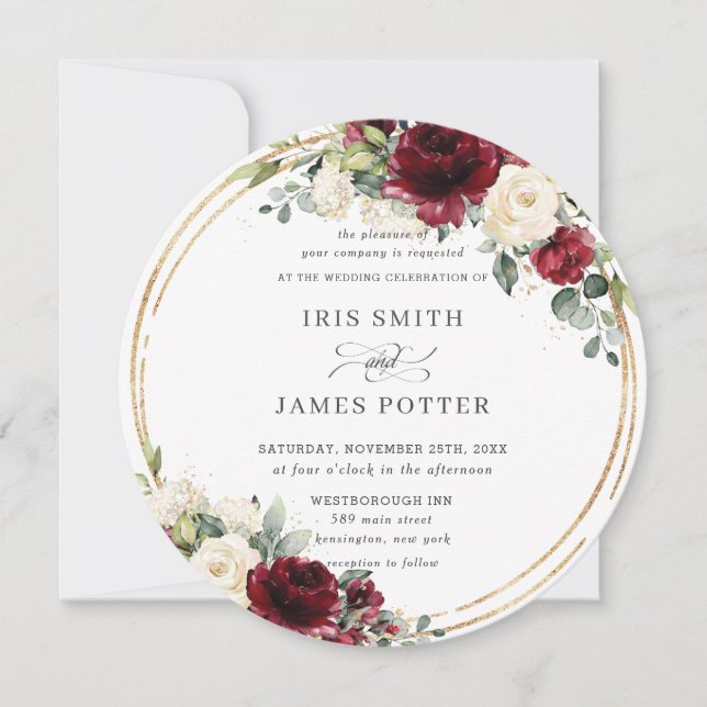 Invitation Rustique Bourgogne ivoire Floral or Mariage (Devant)
