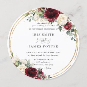 Invitation Rustique Bourgogne ivoire Floral or Mariage