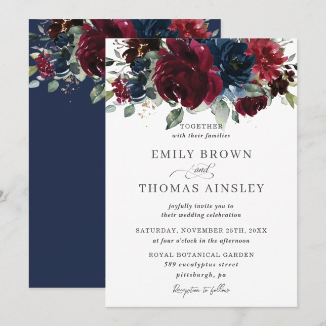 Invitation Rustique Bourgogne Marine Bleu Floral Mariage (Devant / Derrière)