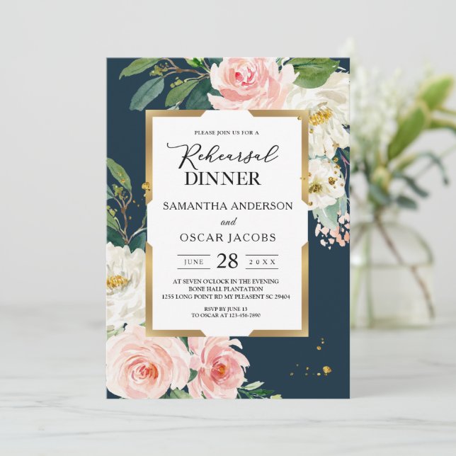 Invitation Rustique Bourgogne Marine Bleu & Pink Floral Gold  (Debout devant)