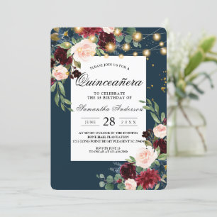 Invitation Rustique Bourgogne Marine Bleu & Rouge Fleurs & Lu