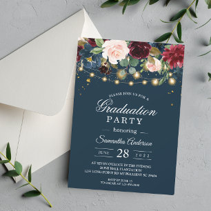 Invitation Rustique Bourgogne Marine Bleu & Rouge Fleurs & Lu