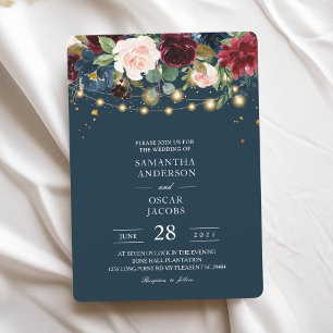 Invitation Rustique Bourgogne Marine Bleu & Rouge Fleurs & Lu