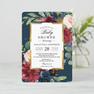 Invitation Rustique Bourgogne Marine Bleu & Rouge Floral Gold
