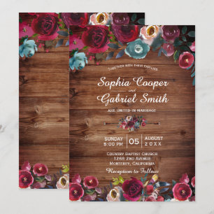 Invitation Rustique Bourgogne Marine Floral Mariage de bois