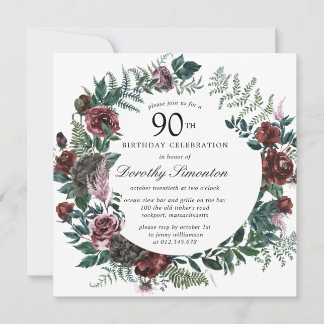 Invitation Rustique Bourgogne Rose Floral 90e anniversaire (Devant)