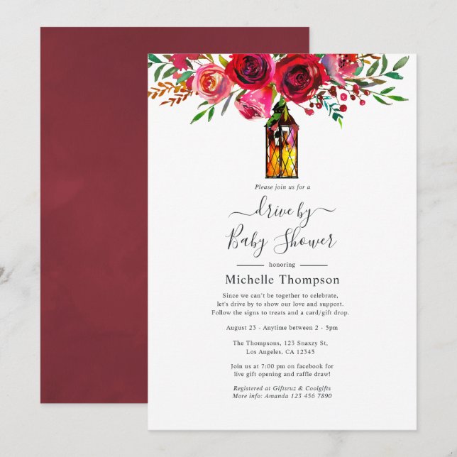 Invitation Rustique Bourgogne Rouge Aquarelle Drive Par Douch (Devant / Derrière)