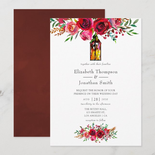 Invitation Rustique Bourgogne rouge Aquarelle Mariage Floral (Devant / Derrière)