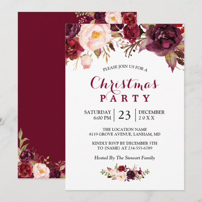 Invitation Rustique Bourgogne Rouge Floral Chic Noël Party (Devant / Derrière)