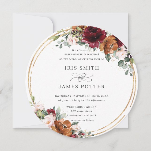 Invitation Rustique Bourgogne rouille Floral or Mariage (Devant)