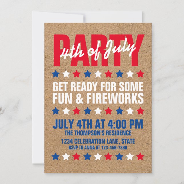 Invitation Rustique Brown Stamped Star 4 juillet Party (Devant)