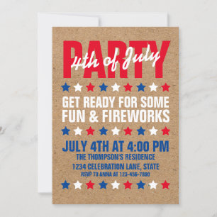 Invitation Rustique Brown Stamped Star 4 juillet Party