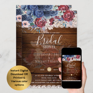 Invitation Rustique Burgundy Blue Floral Fête des mariées num