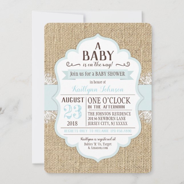 Invitation Rustique Burlap Dentelle Baby shower bleu Invitati (Devant)