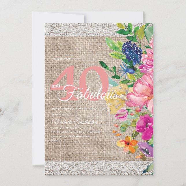 Invitation Rustique Burlap dentelle rose bleu floral 40e anni (Devant)