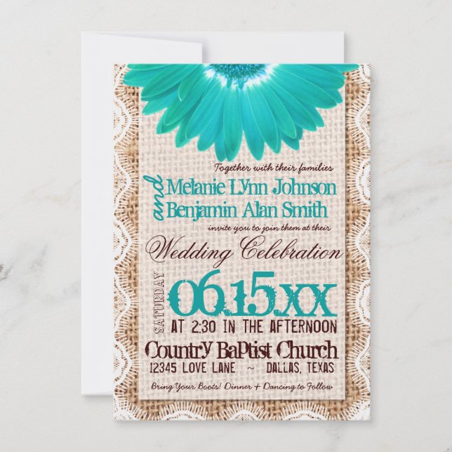Invitation Rustique Burlap dentelle Turquoise marbre de marbr (Devant)
