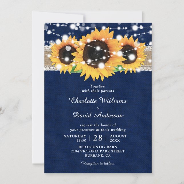 Invitation Rustique Burlap Lace Tournesol Mariage bleu marine (Devant)