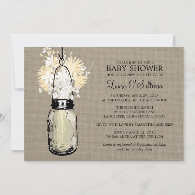 Invitation Rustique Burlap Mason Jar Baby shower Fleur sauvag (Devant)