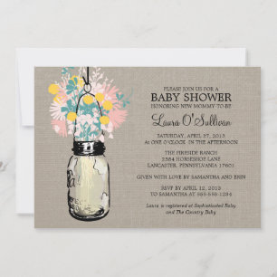 Invitation Rustique Burlap Mason Jar Baby shower Fleur sauvag