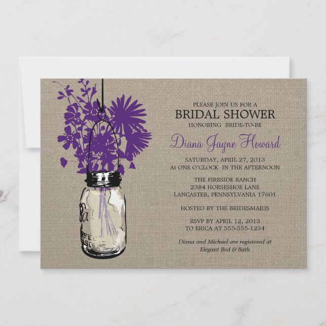 Invitation Rustique Burlap Mason Jar et Fleur sauvage (Devant)