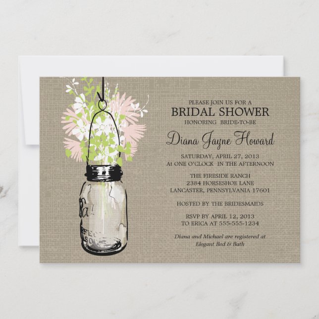 Invitation Rustique Burlap Mason Jar Fête des mariées Fleur s (Devant)