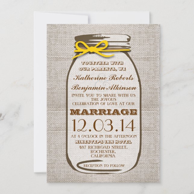 Invitation Rustique Burlap Mason Jar Mariage (Devant)