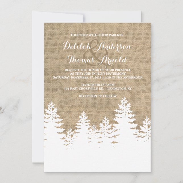 Invitation Rustique Burlap Pine Trees Hiver Mariage Invitatio (Devant)