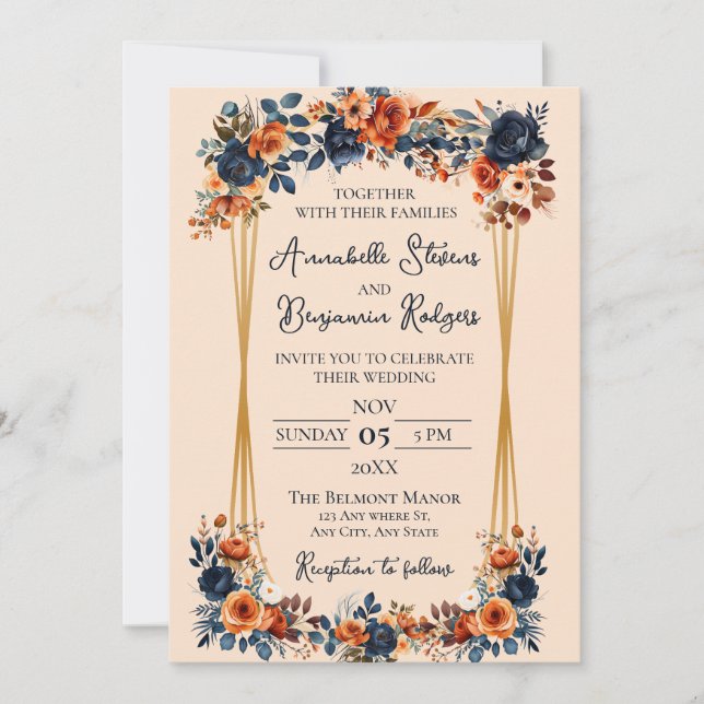 Invitation Rustique Burnt Orange et Mariage bleu (Devant)