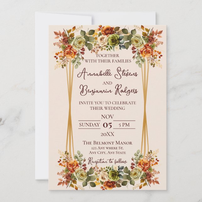 Invitation Rustique Burnt Orange et Moss Green Rose Mariage (Devant)