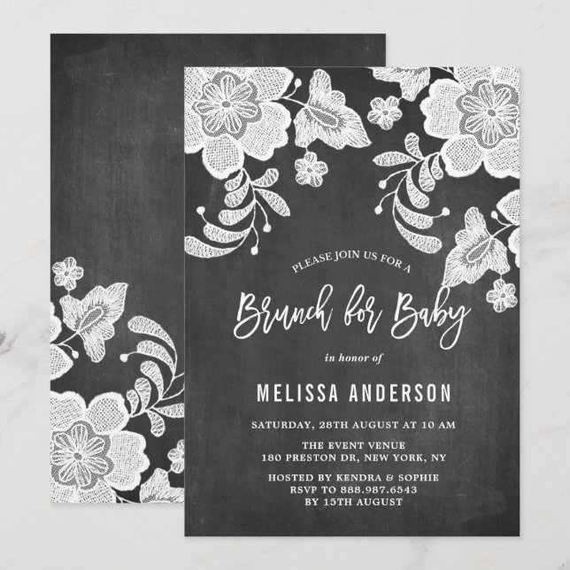 Invitation Rustique Chalkboard Blanc Floral Dentelle Bébé Bru (Devant / Derrière)