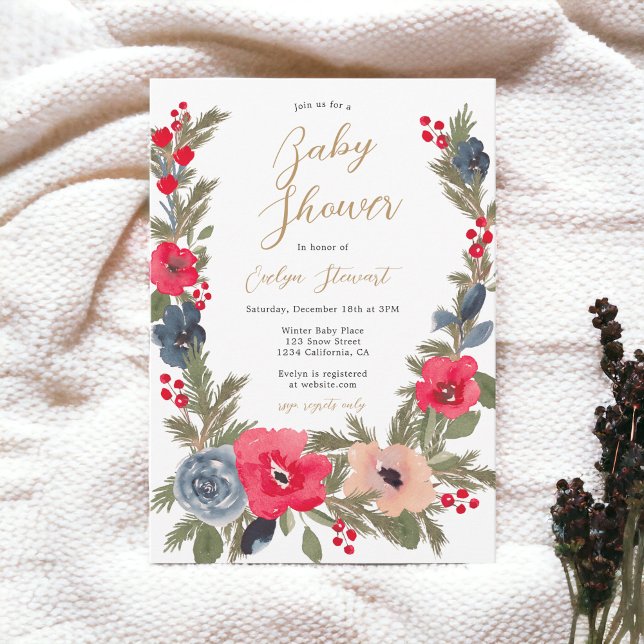 Invitation Rustique chic baby shower d'aquarelle florale hive (Rustic chic Winter Floral Watercolor baby shower Invitation)