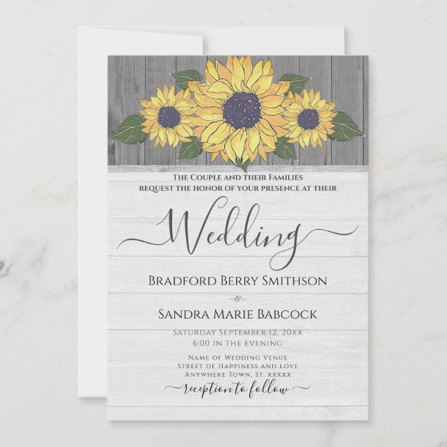 Invitation Rustique Chic Mariage Tournesol Jaune Gris Bois (Devant)