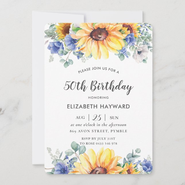 Invitation Rustique Chic Sunflower Bleu Floral Femme Annivers (Devant)