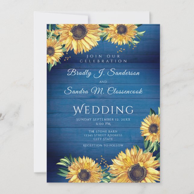 Invitation Rustique Chic Sunflower Marine Mariage en bois ble (Devant)